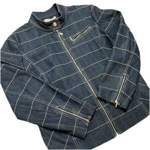 Denim Moto Jacket Grid Pattern Full Zip Long Biker‎ Y2K Grunge Susan Graver 90's